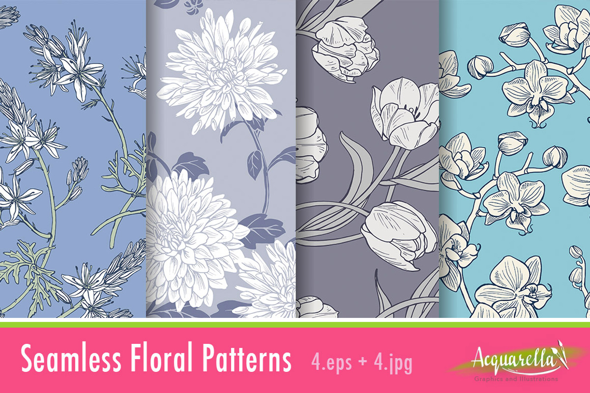 Cold Colors Set - Floral Patterns, a Pattern Graphic by Acquarella