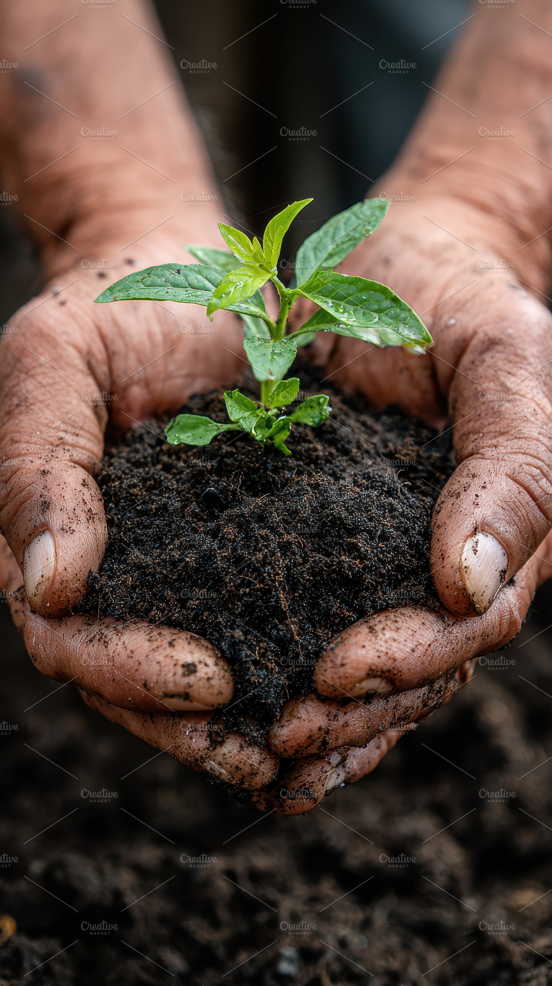 Hands holding a young plant and soil, a Photo by Pixeness Studio