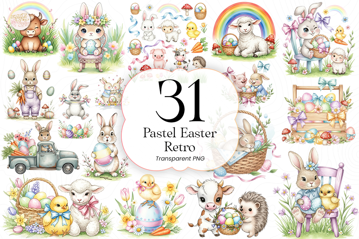 Pastel Retro Easter PNG Clipart Set,, an Animal Illustration by KennedyStudio (Photo 1 of 4)