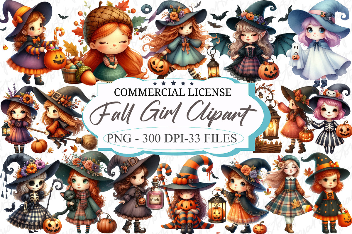 Whimsical Halloween Fall Girl Clipar, an Illustration by designcity5 (Photo 1 of 5)