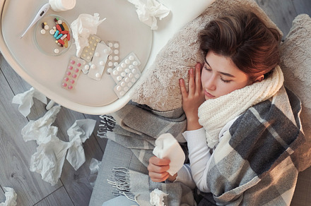 Sick rest prescription drug sleeping ill woman, a Person Photo by Photo Drive Studio