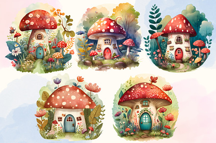 Watercolor Mushroom Houses Clipart
