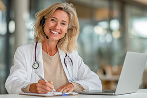 Smiling female doctor telehealth con, a Photo by Pixeness Studio