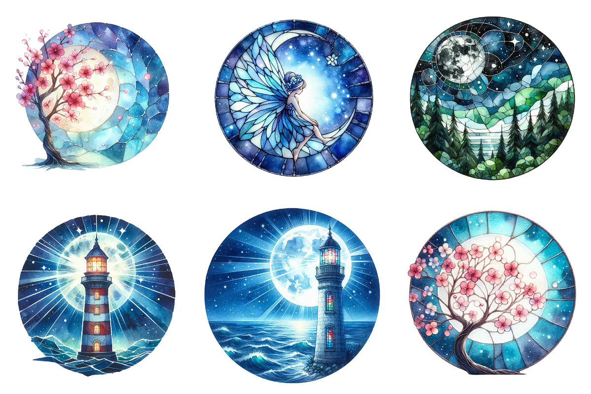Moonlit Nights Stained Glass Clipart, a Seasonal Illustration by DreamArtGraphic (Photo 3 of 4)