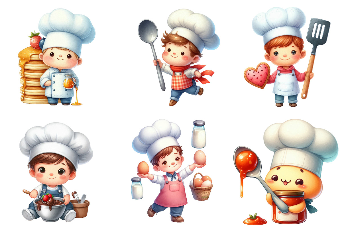 Cute Little Chef Clipart Cooking, an Illustration by Watercolor design (Photo 2 of 4)