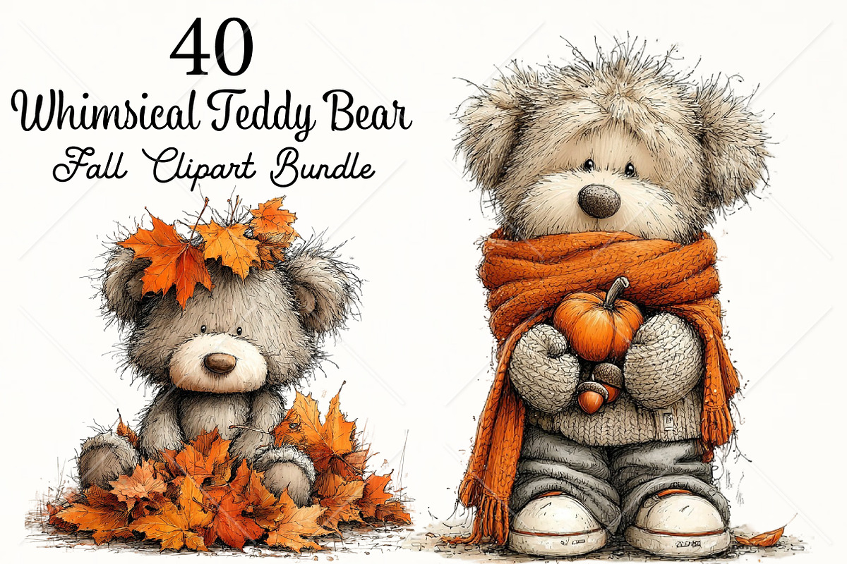 Whimsical Teddy Bear Fall Clipart, a Seasonal Illustration by Canvas Craft (Photo 1 of 10)