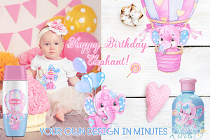 Birthday Elephants PNG Watercolor