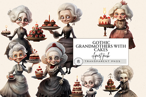 GOTHIC GRANDMAS WITH CAKES CLIPART, a Person Illustration by Daring Digies