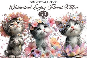 Whimsical Floral Kitten Clipart, a Seasonal Illustration by designcity5