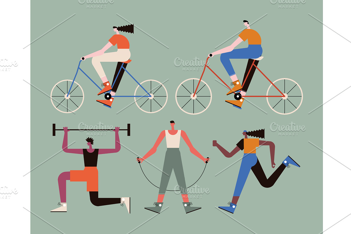 five persons practicing activities, a Person Illustration by studiogstock