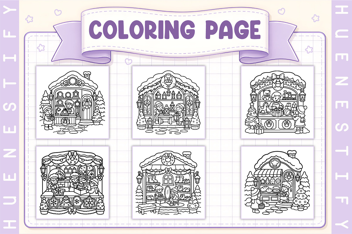 Tiny Christmas Shops Coloring Book, a Seasonal Illustration by HueNestify (Photo 2 of 4)