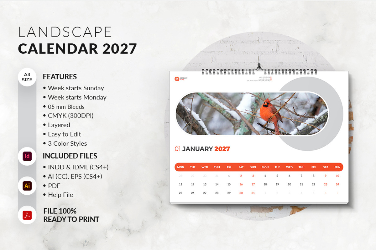 Landscape Calendar 2027 Template, a Stationery Template by MstArtwork (Photo 2 of 7)