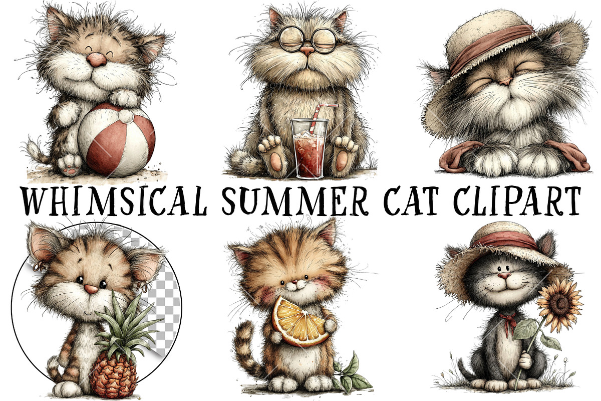 Whimsical Summer Cat Clipart, an Illustration by OK Design (Photo 2 of 6)
