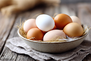 Fresh farm eggs arranged in a bowl on rustic wooden table with straw, a Food & Drink Photo by AlyaAnd