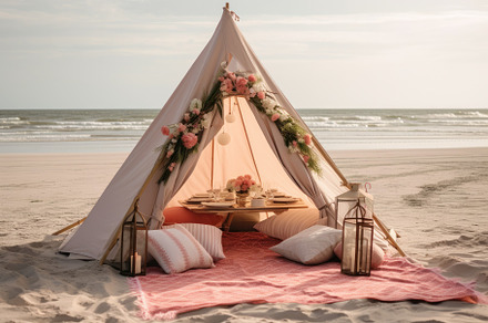 wedding tent on the beach at sunset, a Photo by Iftikhar Alam