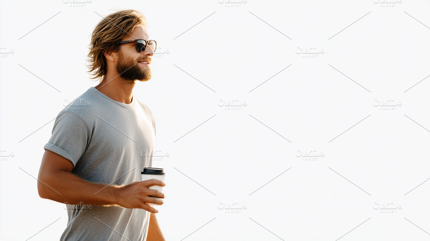 Man walking outdoors with a coffee, a Food & Drink Photo by MistyDay