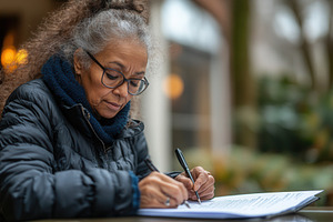 Older woman writing notes in a cozy, a Photo by Tanuart