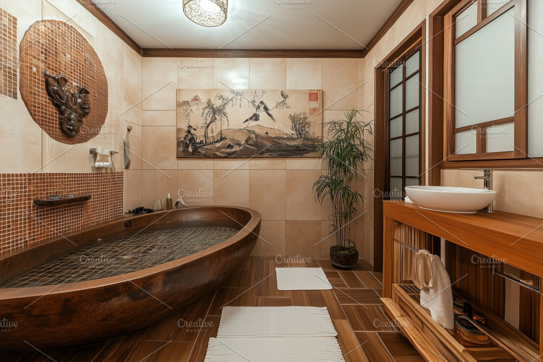 A serene Asian Zen interior design style bathroom featuring a unique wooden bat, an Arts & Entertainment Photo by Textures & Backgrounds