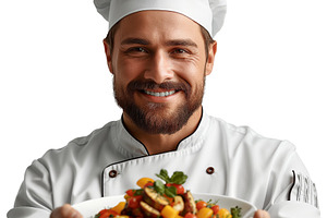 Smiling male chef in a white uniform proudly presenting a colorful vegetable di, a Person Photo by ImageMir