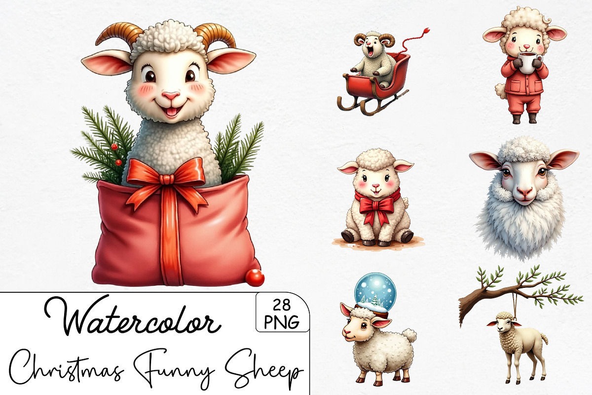 Christmas Funny Sheep Clipart, an Illustration by CrexoraLab (Photo 1 of 5)
