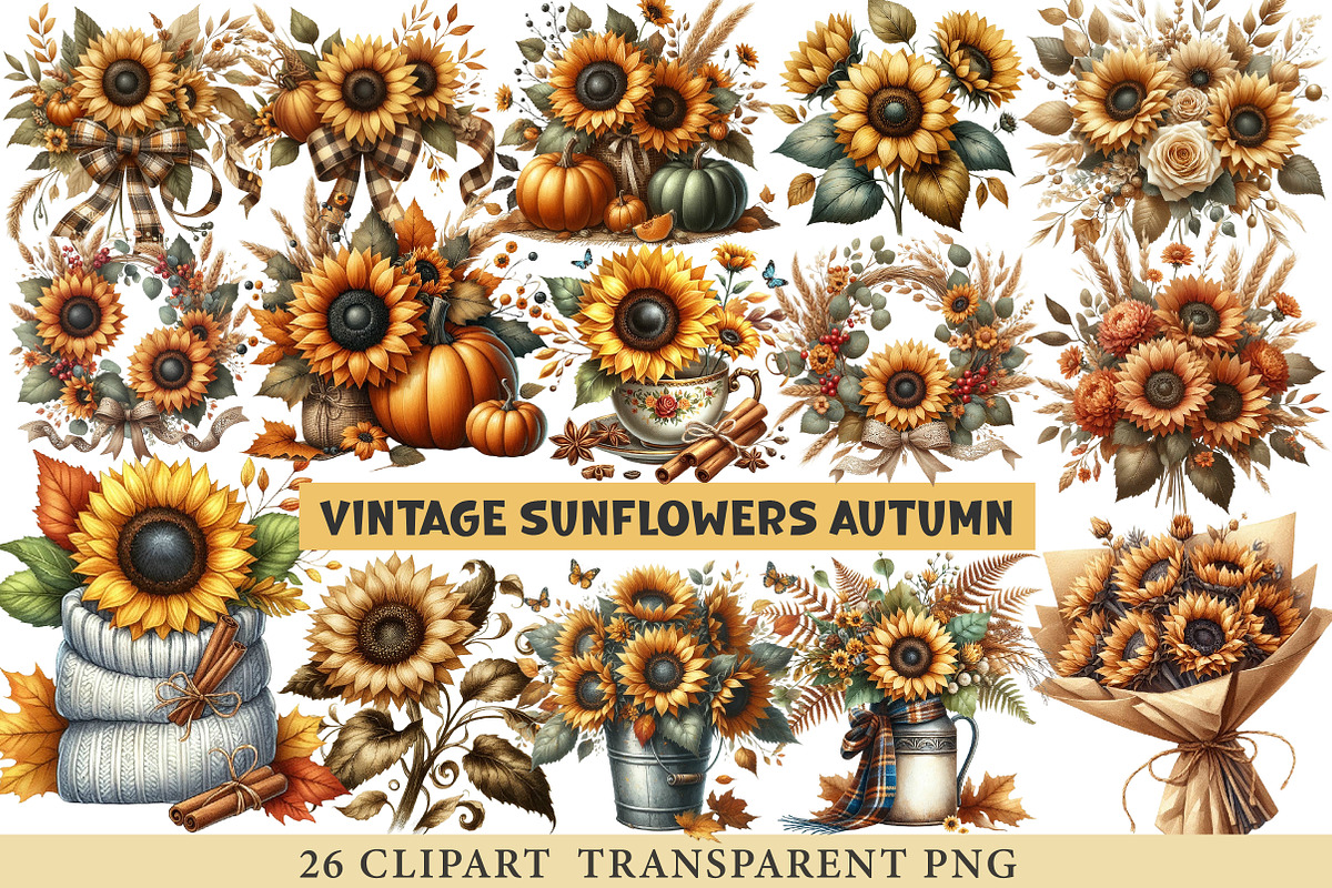 Vintage Sunflowers Autumn Clipart, an Illustration by cherrydesign (Photo 1 of 3)