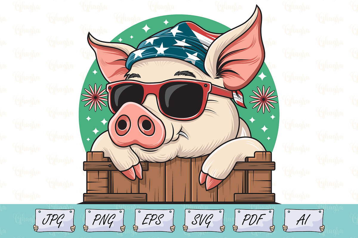 Pig with USA Bandana in Sunglasses, an Animal Illustration by Ghagra (Photo 1 of 3)