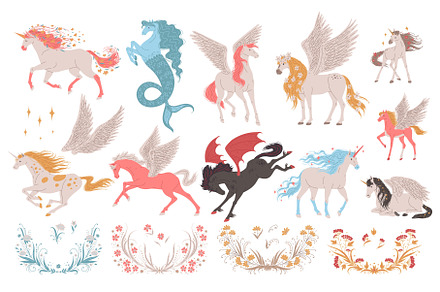 Set of fantastic horses, unicorns, an Illustration by Sabelskaya