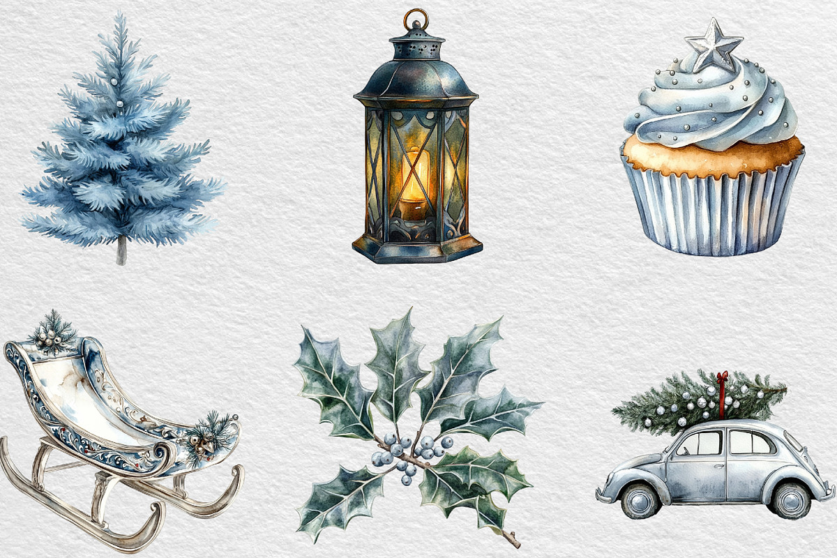 Silver Christmas Watercolor Clipart, an Illustration by Black Bird Studio (Photo 2 of 6)