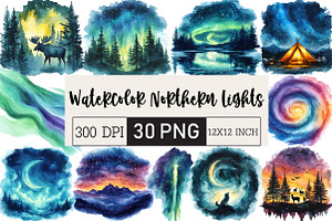 Watercolor Northern Lights Clipart, an Illustration by Black Bird Studio