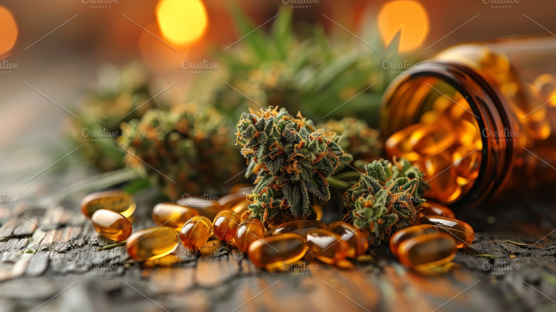Medical marijuana and CBD capsules with cannabis buds on rustic table, a Photo by AS photostudio