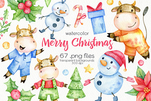 Watercolor Christmas Bulls Clipart