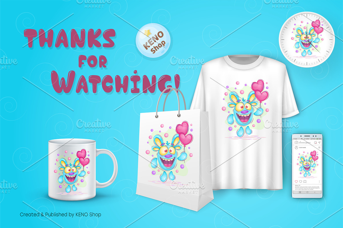 Monster with balloons. Tshirt, PNG., an Animal Illustration by KENO Mascots (Photo 5 of 5)