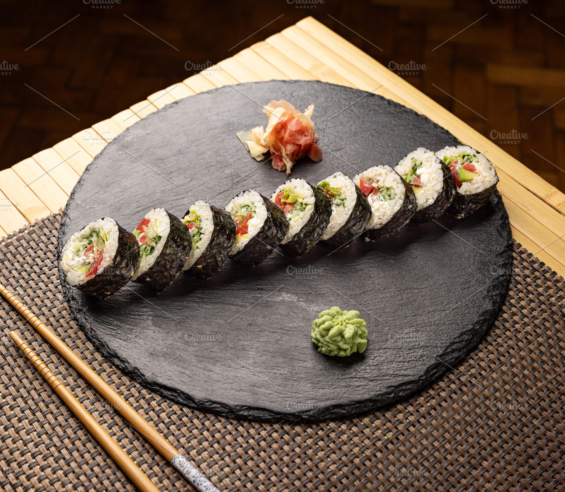 Delicious vegan sushi rolls, a Photo by Grafvision photography