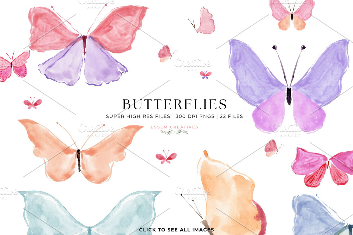 Hand Painted Butterflies PNG Graphic, a Decorative Illustration by Essem Creatives (Photo 1 of 7)