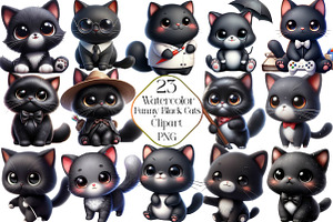 Watercolor Funny Black Cats Clipart, an Illustration by CraftArtStudio