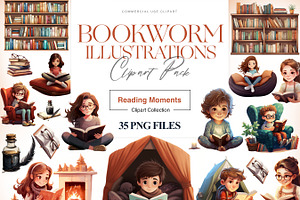 Bookworm Clipart, Books, Reading PNG, an Education Illustration by BrushstrokeArtGB