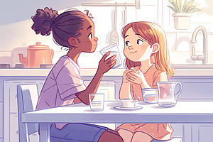 Two children sharing conversation and laughter at a cozy kitchen table, a Photo by AS photostudio