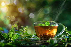 Glass cup of aromatic tea with green mint leafs and steam on blurred green back, a Food & Drink Photo by AlyaAnd