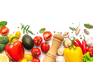 Fresh organic vegetables and spices creating a healthy food bord, a Food & Drink Photo by Olena Rudo