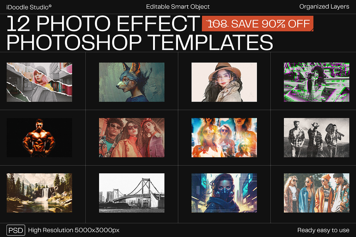 12 Photo Effect Templates, a Layer Style Add-On by iDoodle Studio