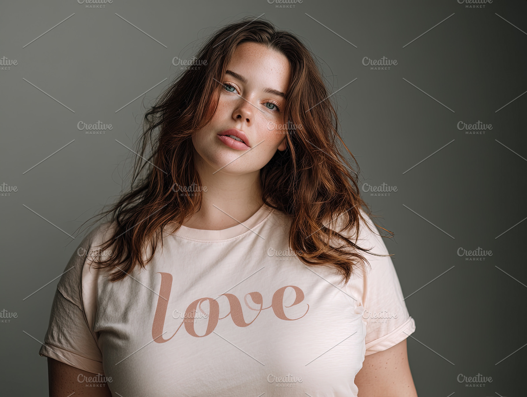 Portrait of a young woman with wavy hair wearing a 'love' t-shir, an Abstract Photo by Ales Munt