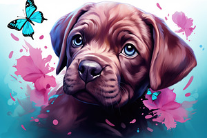 Sapphire Butterfly Companionship With A Charming Pink Puppy - Ge