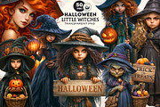 Halloween Little witches Cliparts, a Seasonal Illustration by ThatsDesignArt (Thumbnail 1 of 17)