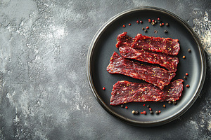 Spicy beef jerky on grey background, a Food & Drink Photo by AlyaAnd