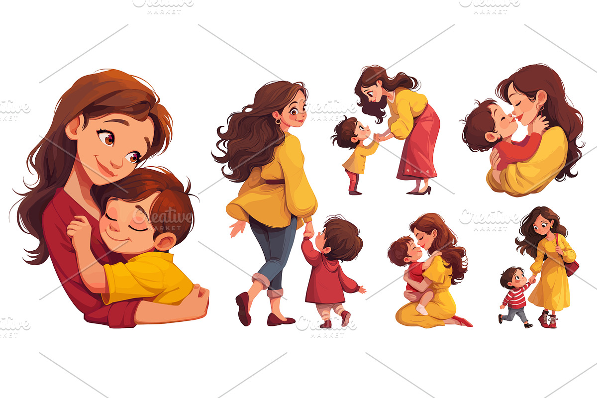 Moms cartoon set. mom girl brunette, a Person Illustration by Stock-Smart-Start