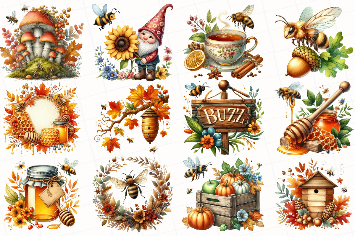 Watercolor Autumn Bee Garden Clipart, an Illustration by OK Design (Photo 4 of 5)