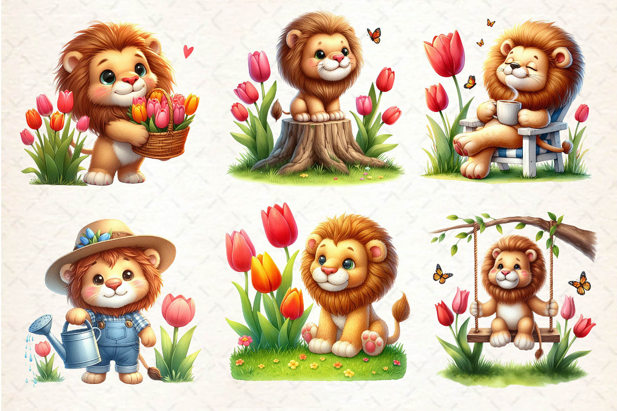 Watercolor Cute Spring Lion Clipart, an Illustration by Dream Creation (Photo 4 of 5)