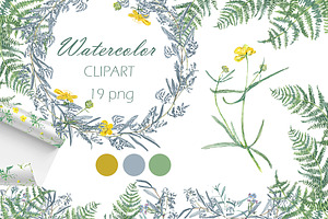 Watercolor grass and wildflowers