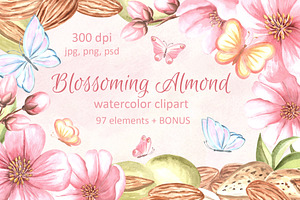 Blossoming Almond watercolor clipart