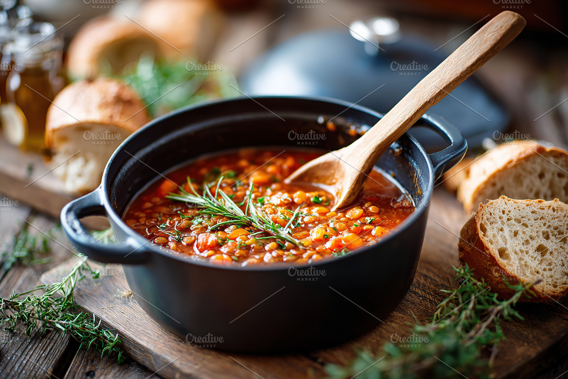 Hearty vegan lentil stew bubbling in a cast iron pot with fresh bread by the si, a Food & Drink Photo by AlyaAnd